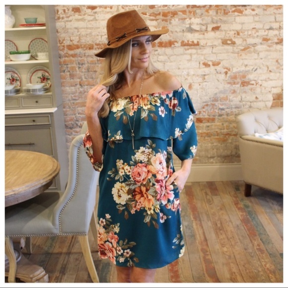 Teal Floral Ruffle Off Shoulder Dress - Picture 3 of 4